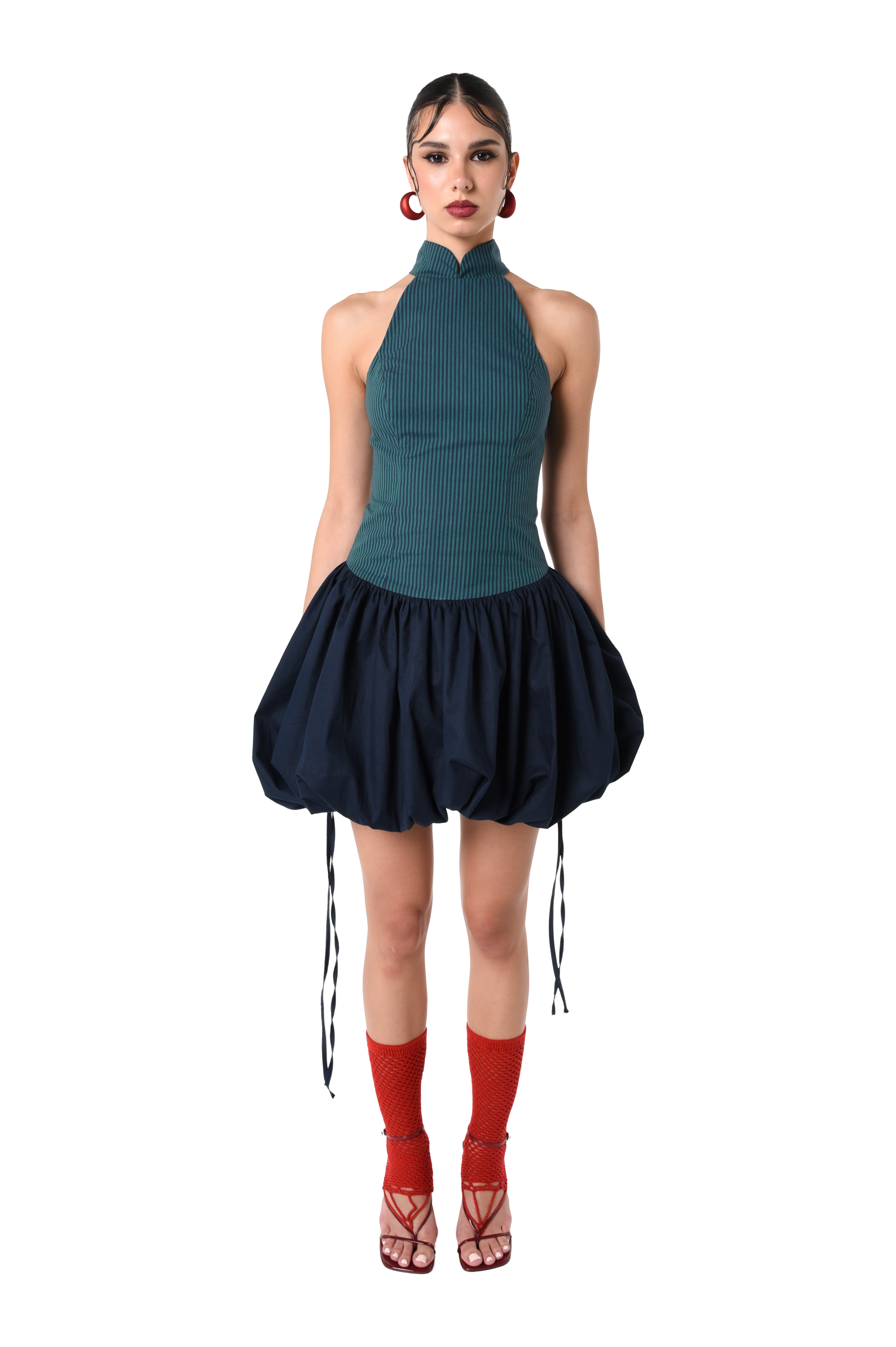 vertical striped mini dress FATE Vertical Striped Print Mini Dress in White Blue Yellow L